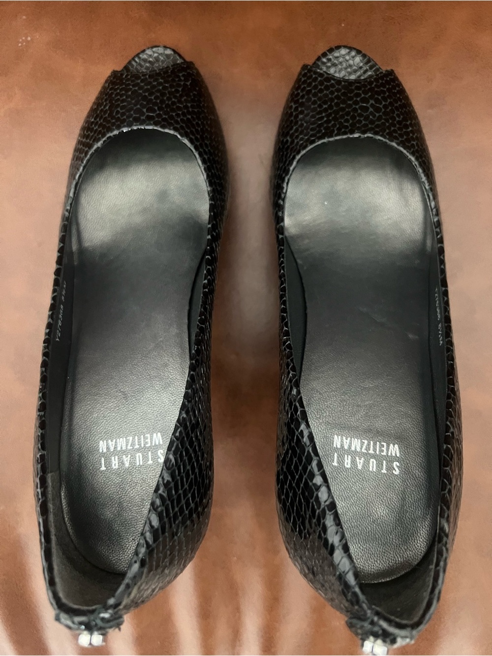 Stuart Weitzman Black Peep-Toe Textured Leather Heels